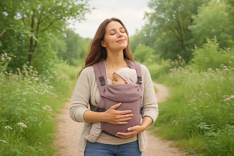 Frau mit ihrem Baby in einer Babytrage auf dem Bauch spaziert in der Natur