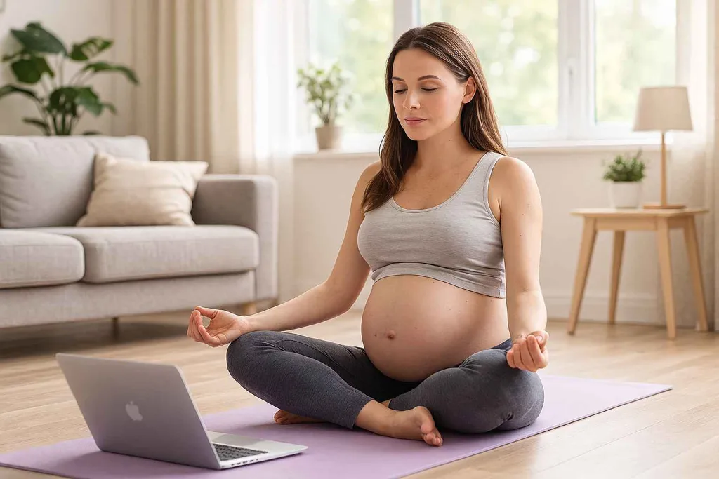 Schwangere Frau praktiziert Yoga online auf einer Yogamatte zu Hause. Vor ihr steht ein geöffneter Laptop