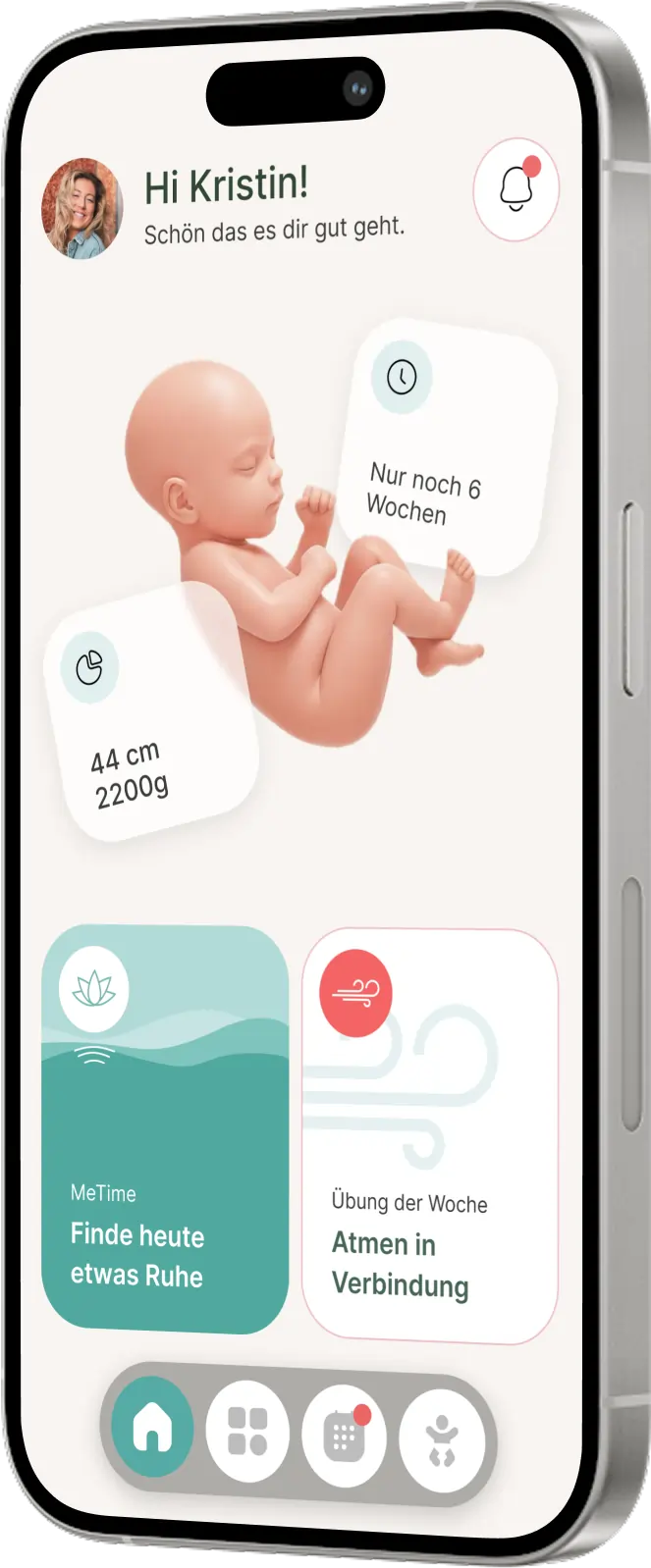 Bild eines IPhones 17 mit der Freyanda Schwangerschaftsbegleit-App.