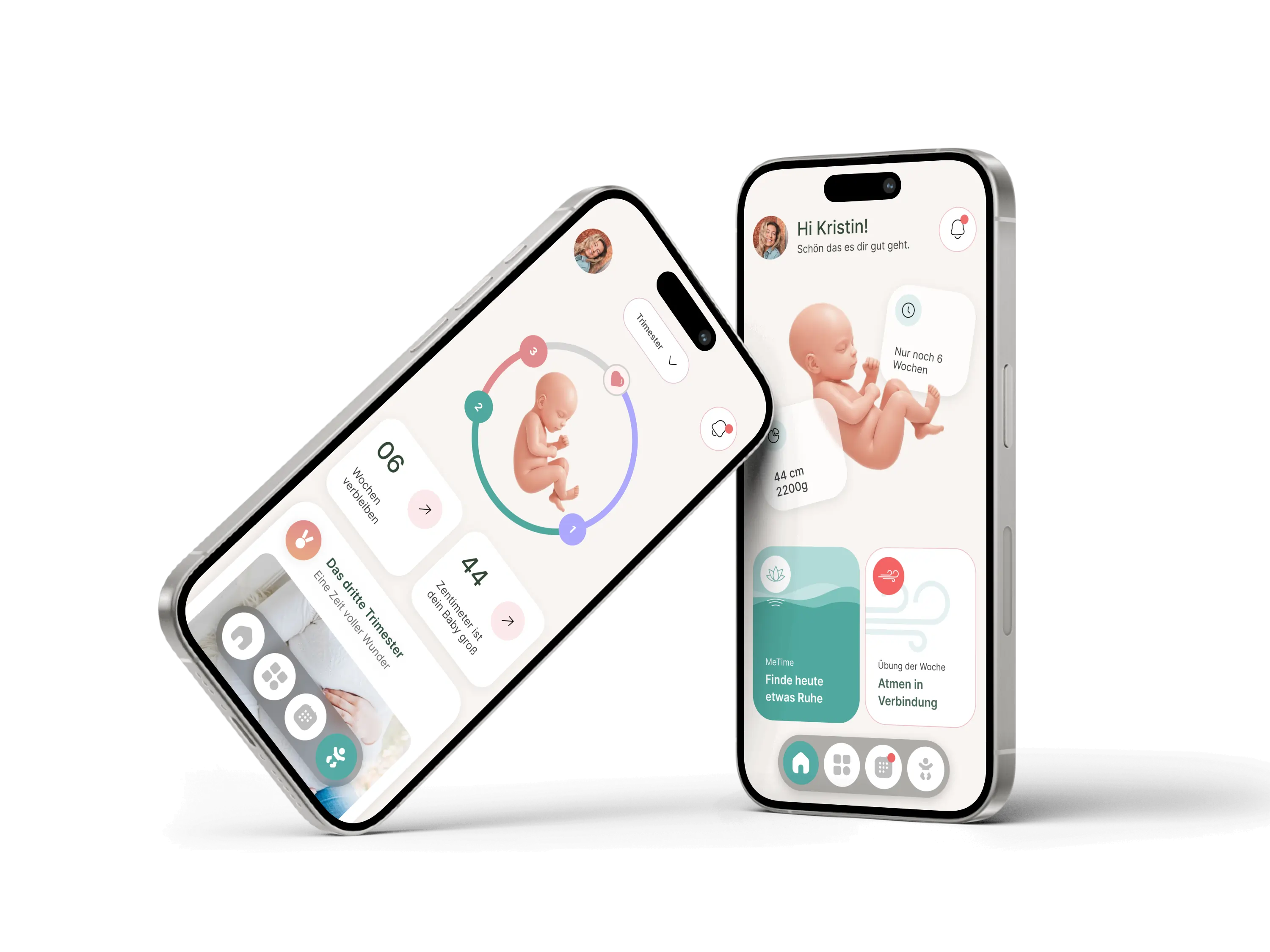 Bild miit zwei IPhone 17 die die Startseite und die Seite mit der Baby-Entwicklung der Freyanda Schnwangerschaftsbegleit-App zeigen.