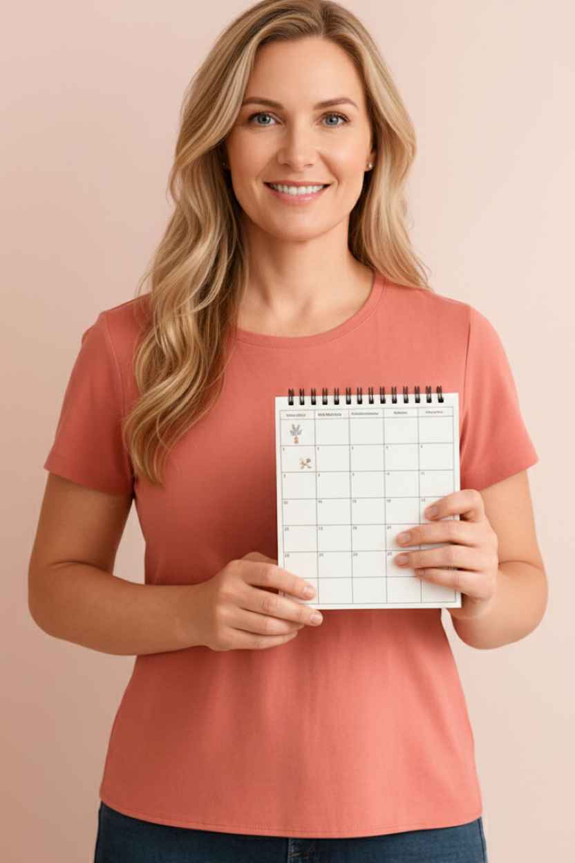 Foto einer stehenden Frau die einen Kalender in die Kamera zeigt.